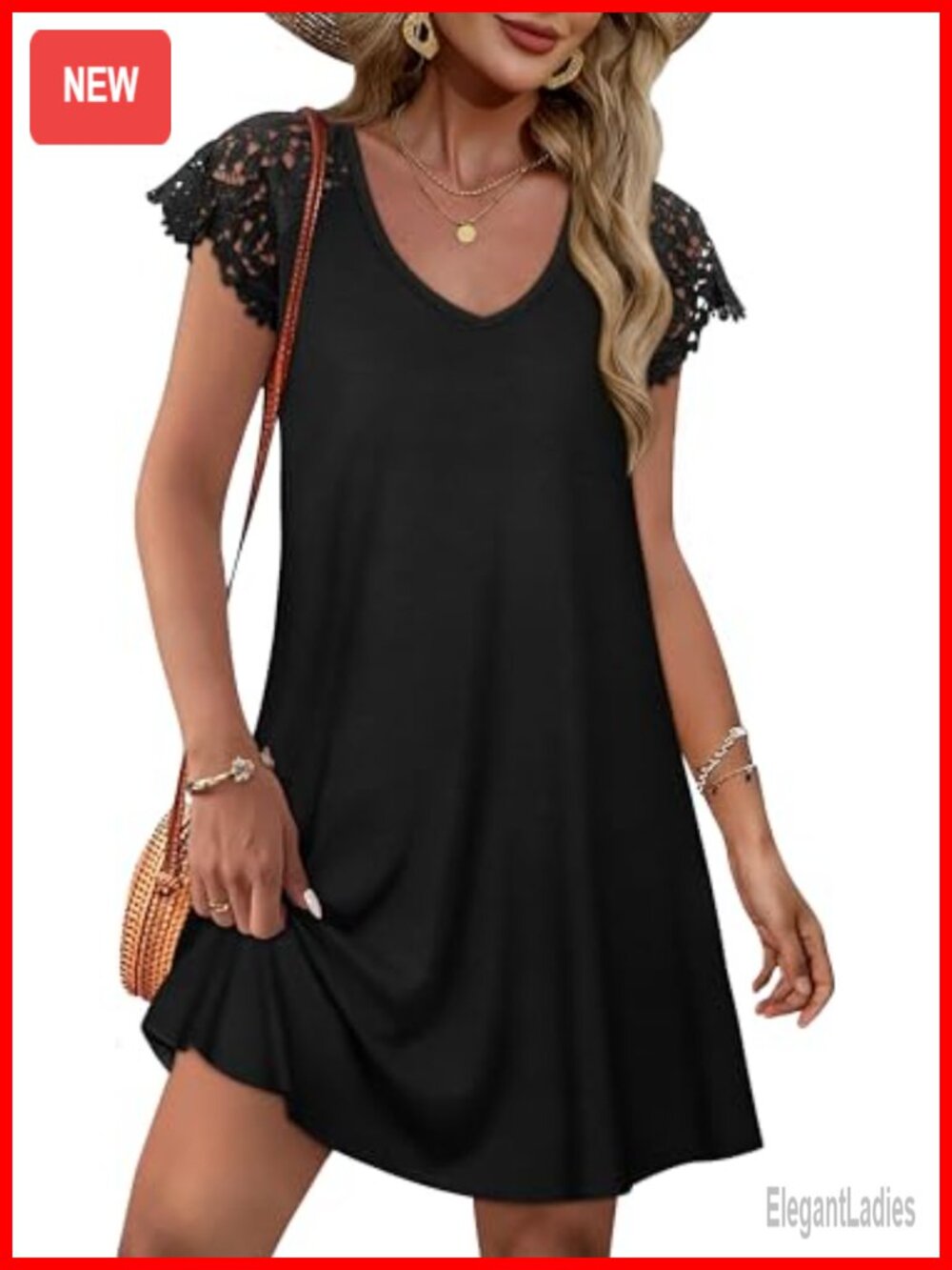 Women's Casual Lace Short Sleeve Sundress with V-Neck